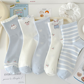 运动条纹新款 蓝色立耳小狗春秋袜子女中筒袜棉袜韩版 可爱卡通秋季