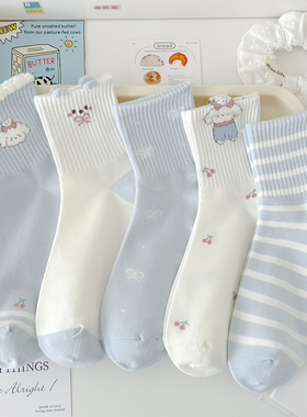 蓝色立耳小狗春秋袜子女纯棉中筒袜韩版可爱卡通秋季运动条纹新款