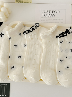夏季超薄黑色花边袜子女船袜竹棉镂空网眼透气奶白蝴蝶结浅口短袜