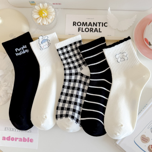 黑白格子小熊袜子女中筒袜秋冬精梳棉条纹运动风可爱春秋卡通女生