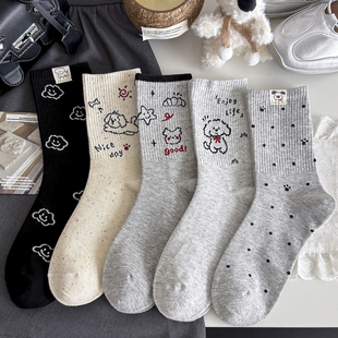 秋冬新款 ins潮高筒长袜运动风 灰色系小狗袜子女中筒袜精梳棉韩版