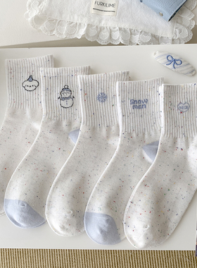 蓝色雪人小狗秋冬袜子女中筒袜新款点纱精梳棉透气春秋运动风甜美