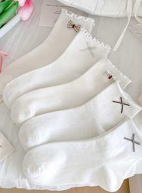 饰品蝴蝶结白色袜子女中筒袜纯棉透气木耳花边春夏日系jk韩系少女