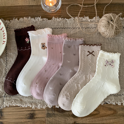 春秋新款饰品蝴蝶结中筒袜精梳棉