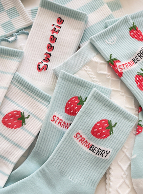 袜子女中筒袜春秋季长袜棉袜百搭可爱日系条纹方格女士运动浅绿色