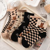 格子小熊袜子女中筒袜秋冬棉袜韩版 百搭卡通运动女士网红超火ins