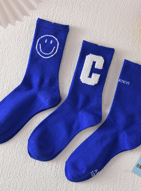 克莱因蓝色袜子女中筒袜韩版百搭运动长筒袜宝蓝秋冬女士纯棉网红