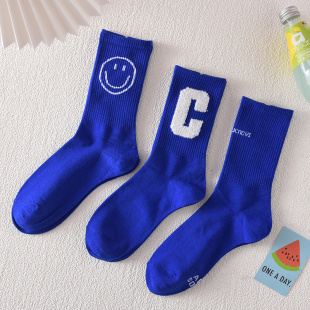 克莱因蓝色袜子女中筒袜韩版 百搭运动长筒袜宝蓝秋冬女士棉袜网红