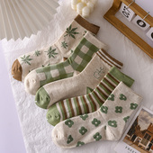 绿色袜子女中筒袜秋冬款 精梳棉透气可爱日系简约韩版 百搭甜美运动