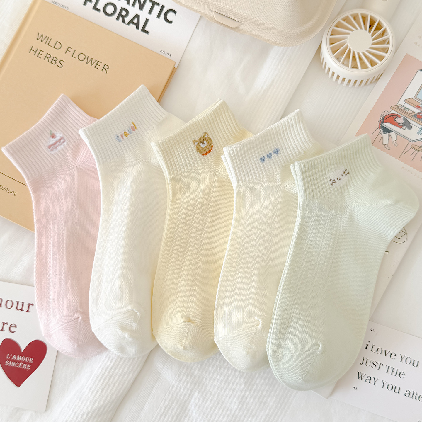 网面春夏新款袜子女短袜薄款可爱甜美彩色棉袜透气运动船袜夏百搭