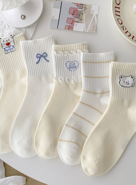 奶黄色小熊春秋袜子女中筒袜棉袜可爱卡通2025新款爆款运动风秋季