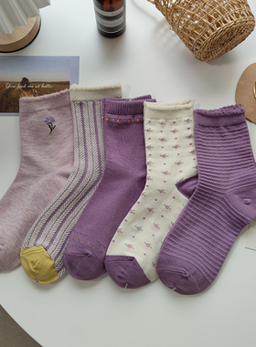 紫色袜子女中筒袜秋冬纯棉可爱日系学院风小清新长袜甜美中腰ins