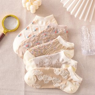 袜子女船袜春夏棉袜薄款 百搭反织花日系简约透气夏天 浅口短袜韩版