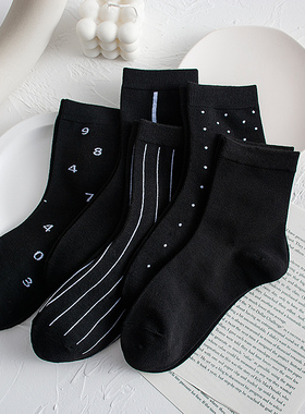 黑色袜子女中筒袜韩国简约ins风百搭棉袜透气秋冬女士休闲中腰wz