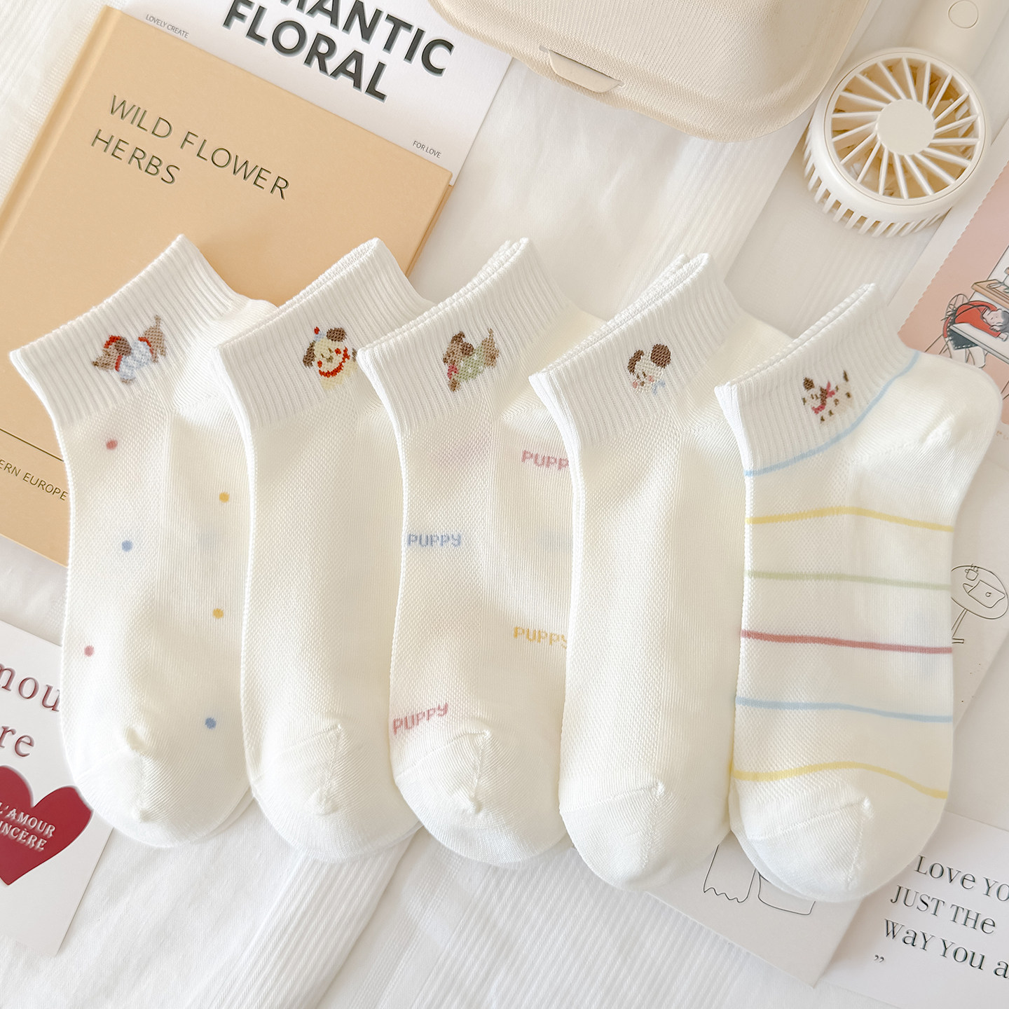 网面春夏新款袜子女短袜卡通小狗薄款透气运动棉袜珍珠白船袜浅口