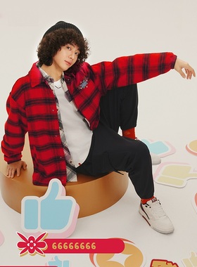 李宁2023春秋男女同款外套日进斗金衬衫情侣红色格子外套ASHT001