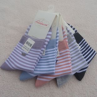 纯棉条纹女袜梦娜秋冬厚款时尚简约女士棉袜六双一组