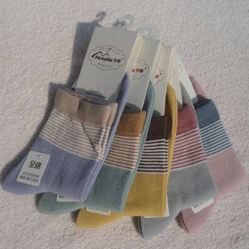 梦娜全棉中筒女袜细条纹秋冬保暖棉袜时尚休闲六双一组吸汗防臭