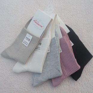梦娜竹纤维女棉袜秋冬厚款 纯色抗菌防臭吸汗中筒简约女士袜子暗纹