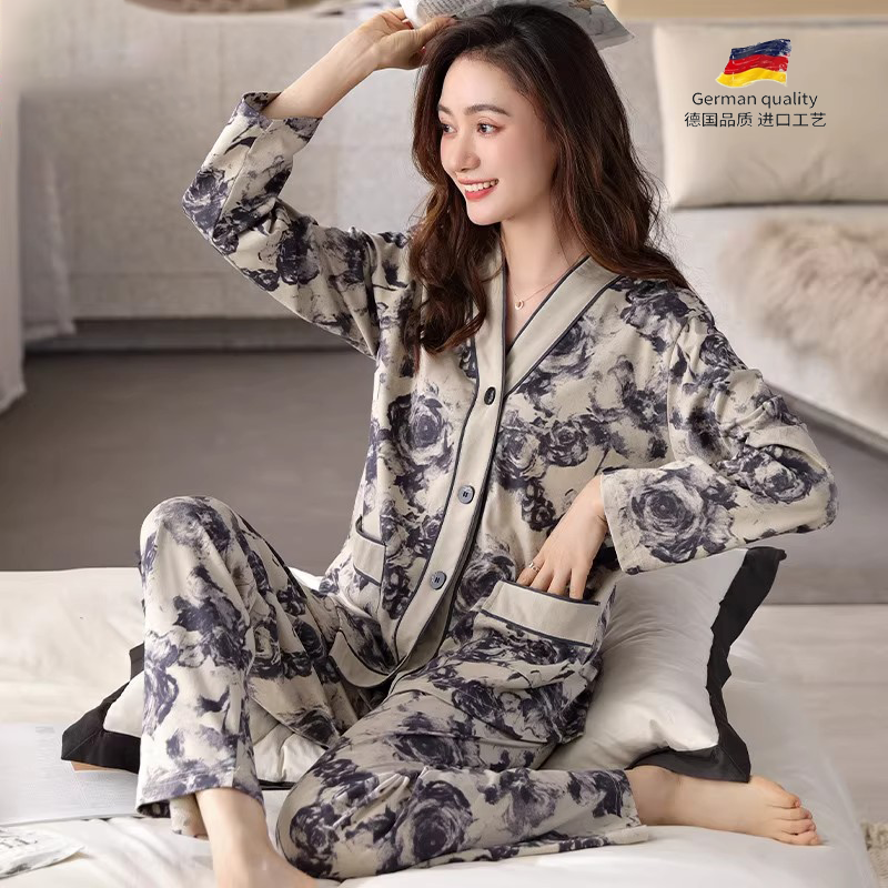 德国品质全棉睡衣女款春秋季2025纯棉长袖薄款宽松时尚家居服套装