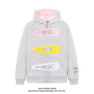 亿万少年BUFU原创设计国潮美式百搭大发夹波点拉链连帽卫衣外套潮