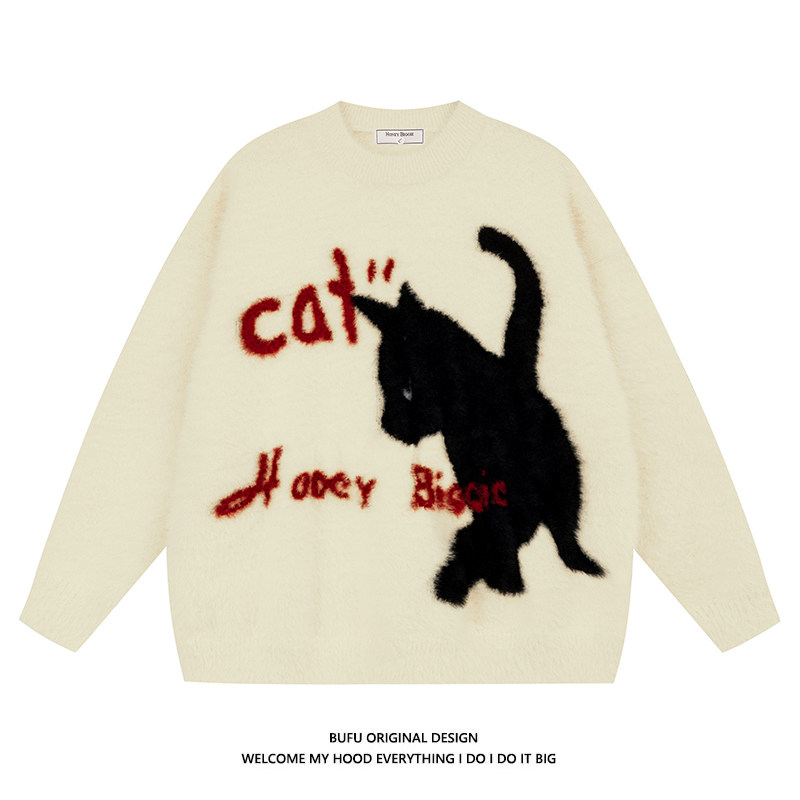 수십억 명의 소년 BUFU 전국 패션 브랜드 남성과 여성을 위한 게으른 스타일 고양이 스웨터 가을 겨울 달콤한 멋진 Y2K 핫 소녀 스타일 스웨터