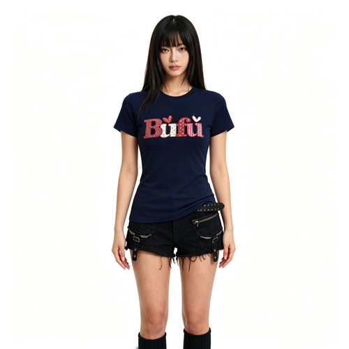 BUFU格子贴布刺绣字母短袖T恤女