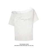 亿万少年BUFU花边斜肩短袖 t恤女夏季 辣妹露肩性感显瘦上衣烫钻tee