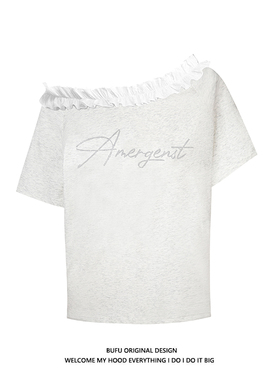 亿万少年BUFU花边斜肩短袖t恤女夏季辣妹露肩性感显瘦上衣烫钻tee