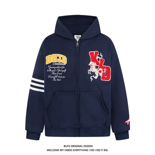 亿万少年BUFU美式字母刺绣开衫连帽卫衣男女春秋新款宽松帽衫外套