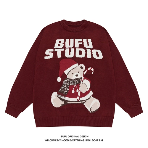 Ретро демисезонный трикотажный свитер подходит для мужчин и женщин для влюбленных, этнический стиль, в американском стиле, с медвежатами