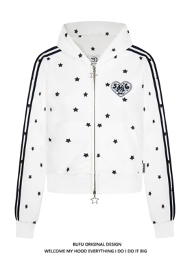 亿万少年BUFU美式复古满印星星正肩连帽衫卫衣女秋季拉链短款外套