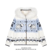 亿万少年BUFU原创美式 复古毛领提花连帽针织开衫 弗尔岛小狗毛衣女