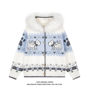 億萬少年BUFU原創(chuàng)美式 弗爾島小狗毛衣女 復古毛領提花連帽針織開衫