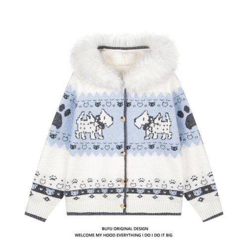 美式复古小狗费尔岛提花毛衣开衫