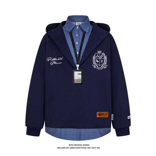 美式复古假两件衬衫拼接学院外套