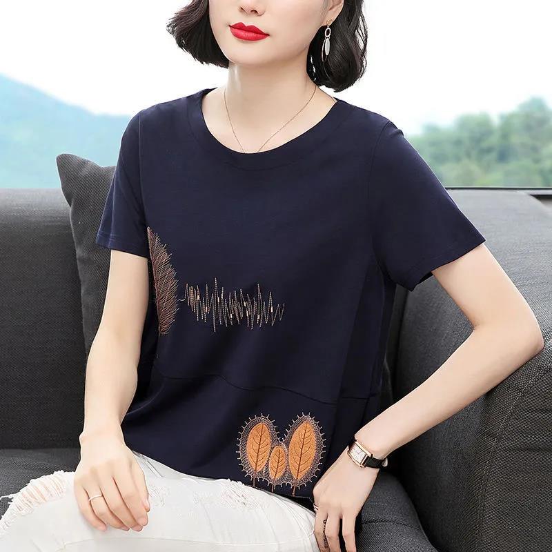 韩版纯棉短袖t恤女2025年夏季新款大码妈妈装显瘦百搭刺绣上衣服