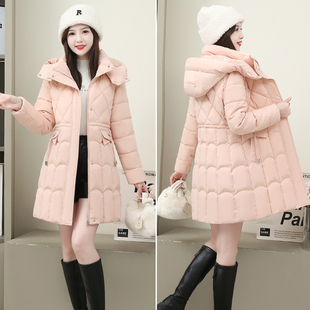羽绒棉服女中长款冬季新款带毛领加厚妈妈外套保暖收腰小个子棉衣