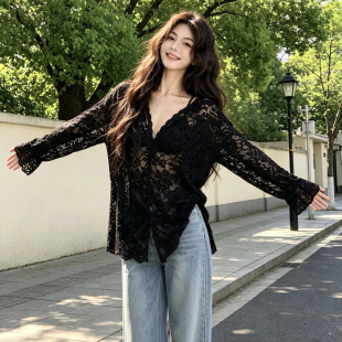 胖mm大码夏季气质镂空长袖蕾丝衫上衣女宽松显瘦衬衫外套外搭开衫