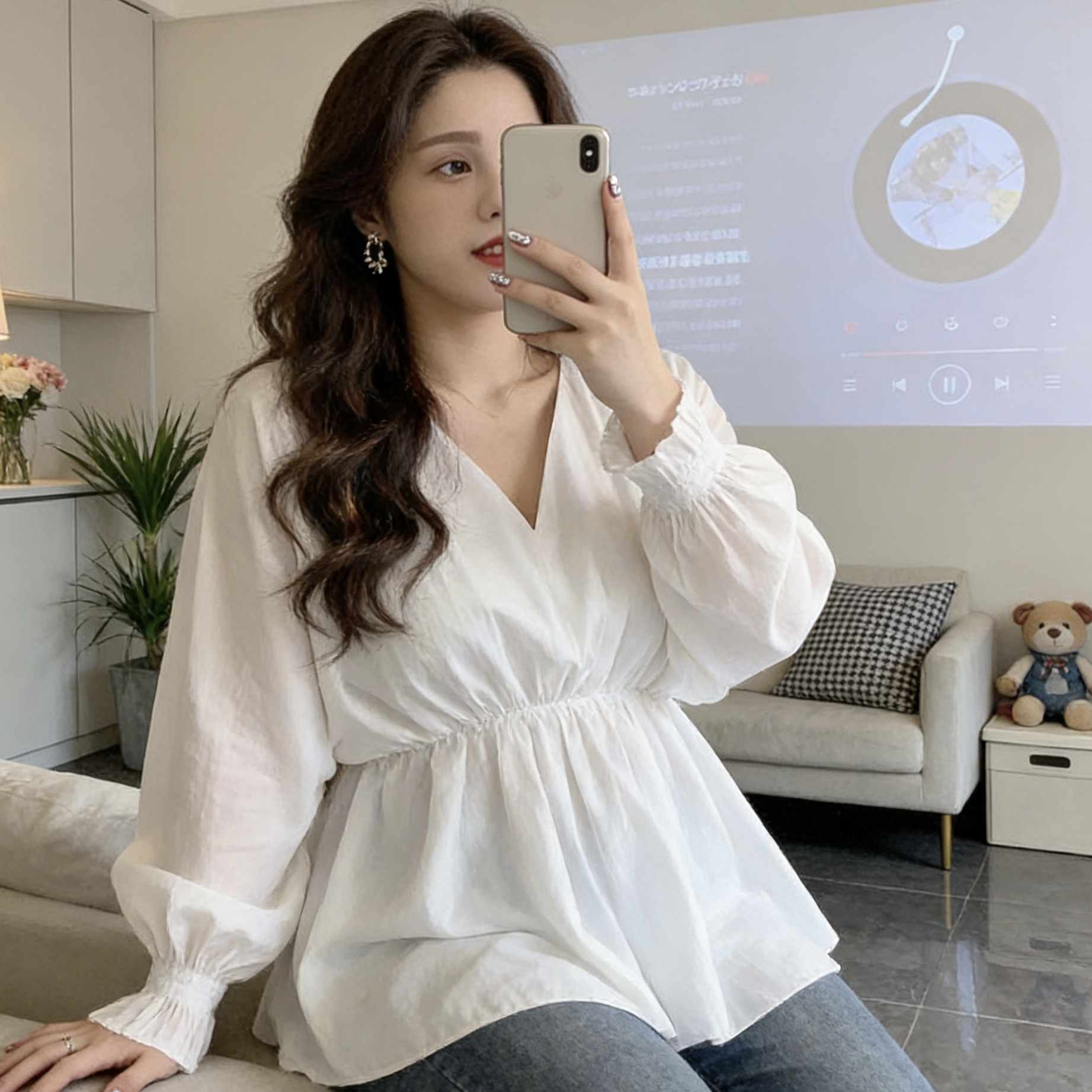 韩版大码胖mm200斤春秋长袖白色收腰衬衫女小众衬衣遮肉上衣小衫