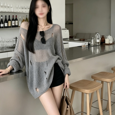 港风复古慵懒风宽松镂空针织衫女胖mm春秋薄款长袖罩衫外套上衣潮