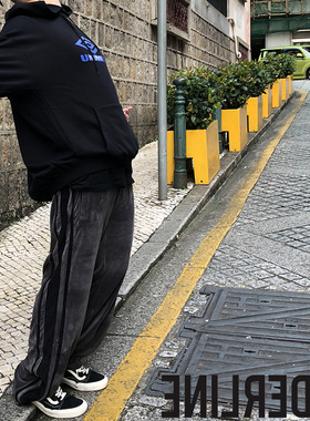 正规代理UNDERLINE 18FW 丝绒面条纹拼接宽松拉链复古高街长裤