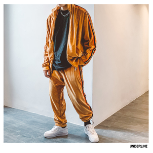 英籍设计师品牌UNDERLINE 舒适刺绣绒面KANYE风高嘻哈街运动套装