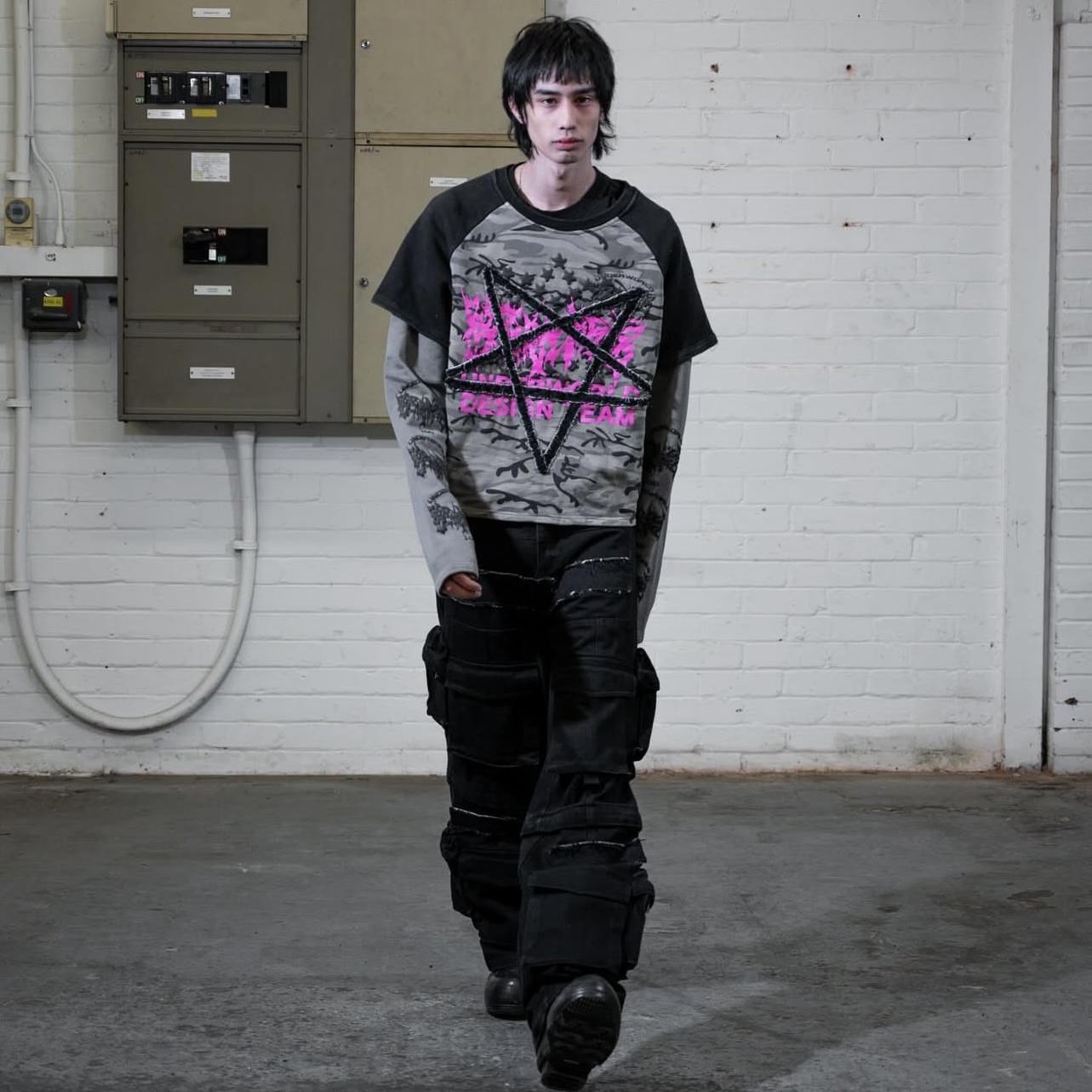 Reckless Scholars 迷彩倒五角星假两件情侣服小众潮流长袖T恤