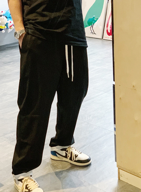 UNDERLINE 松紧腰围系带折脚裤脚MM6风黑白拼色刺绣垂感休闲长裤