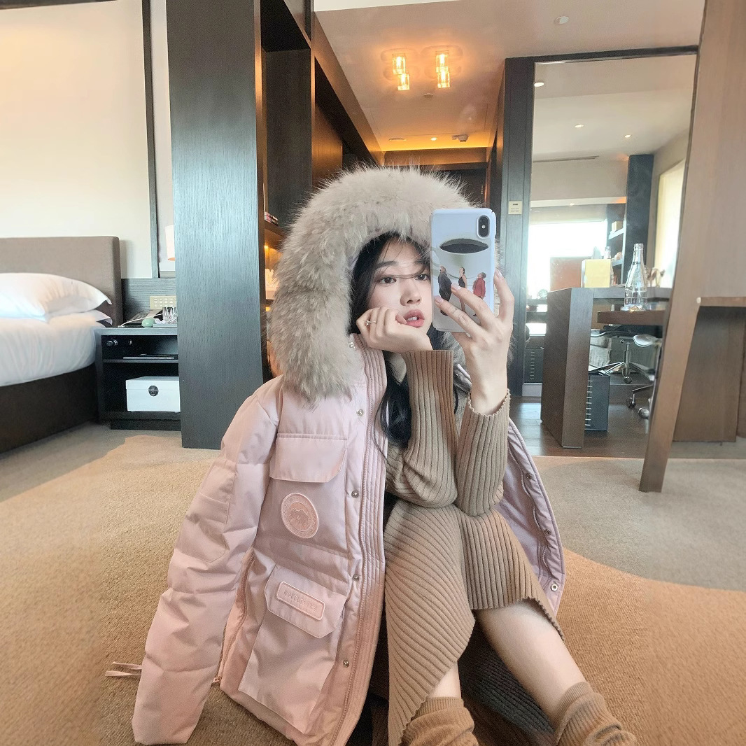 2025新款冬季韩系派克工装羽绒服女大毛领貉子毛白鸭绒好看的外套