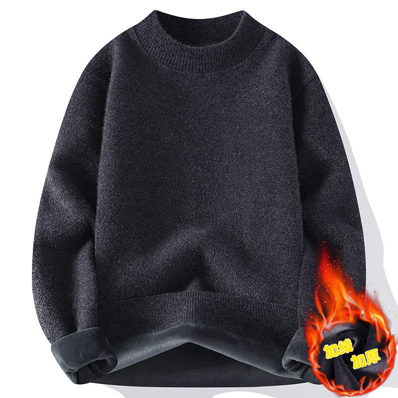不起球柔软保暖加厚款一体绒加绒圆领毛衣男打底衫纯色针织衫线衣