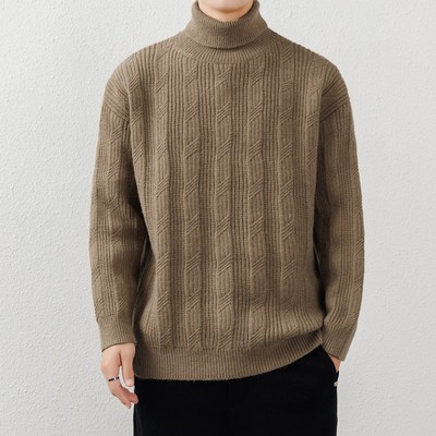 2025编织条纹高领毛衣男厚款