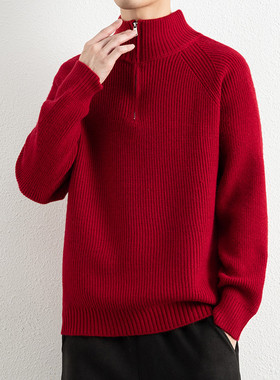 雅鹿半高领拉链立领外穿套头毛衣男潮流厚款宽松休闲针织衫毛线衣