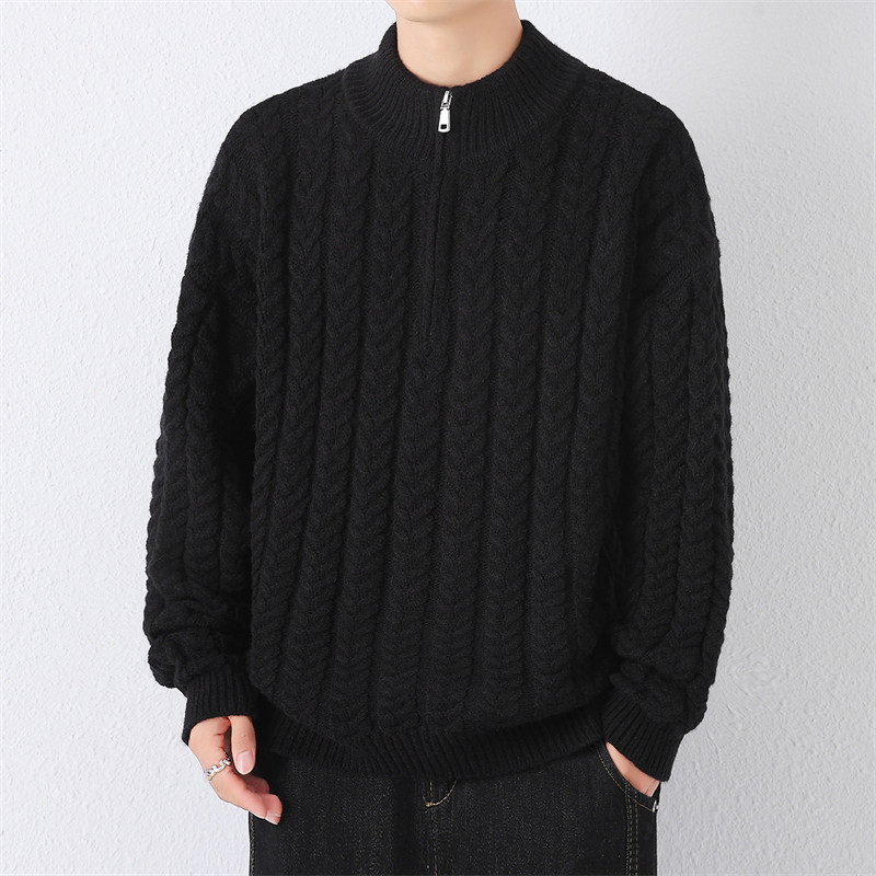 雅鹿拉链立领麻花条纹毛衣男纯色外穿宽松大码打底针织衫毛线衣厚
